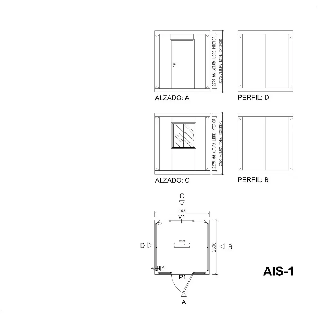 Plano técnico módulo prefabricado AIS-1 — caseta de obra 2350x2300 mm Mallorca