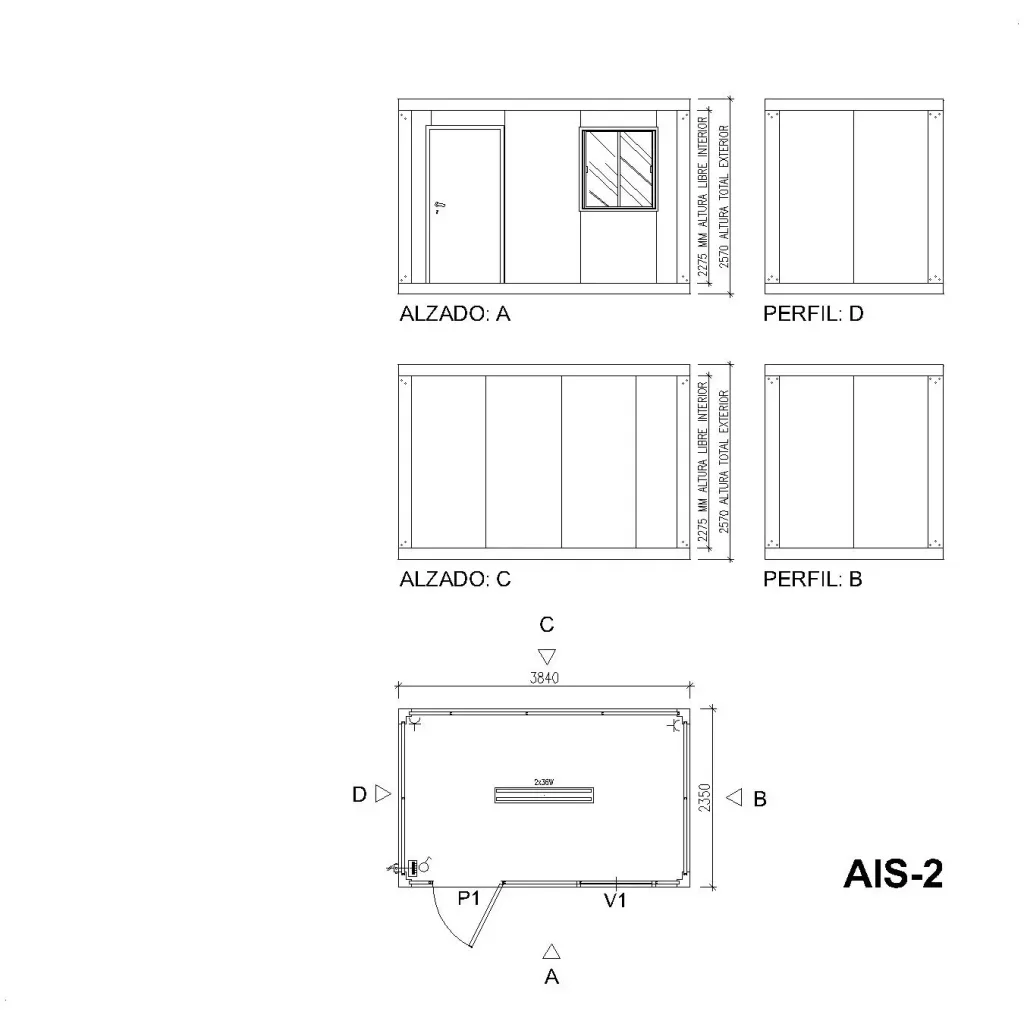 Plano técnico módulo prefabricado AIS-2 — caseta de obra 3840x2350 mm Mallorca
