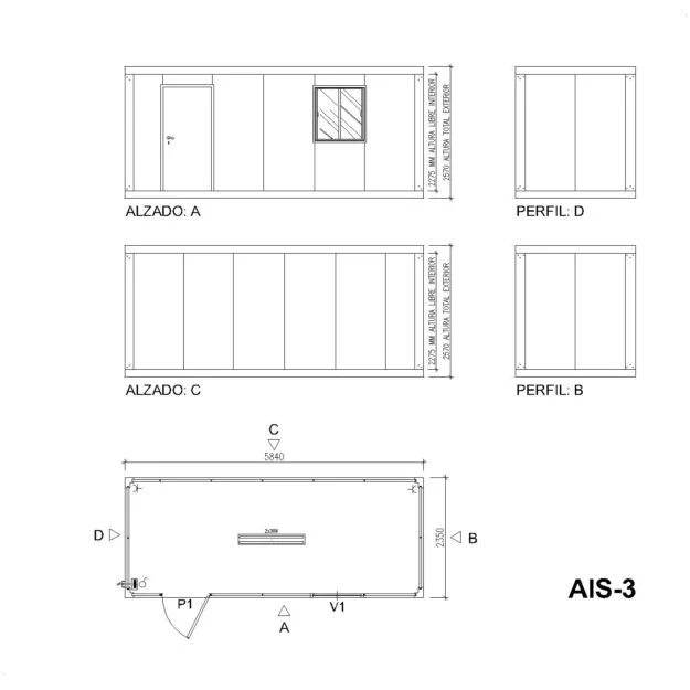 Plano técnico módulo prefabricado AIS-3 — caseta de obra 5840x2350 mm Mallorca